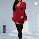 Size Sexy Dress Women Wholesale Fall Clothes Solid Long Sleeve Deep V Neck Mini Dresses Club Birthday Outfits