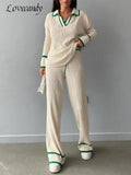 Color Knitted Trousers Suits Lape Knit Pullovers And Drawstring Pants Women 2 Piece Set Female Elegant Casual