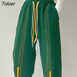 Casual Sweatpants Women Trousers Spring Autumn Vertical Strip Stitching Loose Cropped Pants Drawstring Leggings