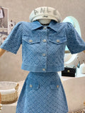 Summer New Street Fashion Women's Suit With Skirt Denim Short Sleeve Top Sweet Girl Female Blue Plaid Skirt 2 Piece