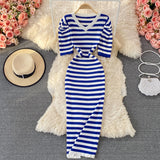2022 New Summer Women Knitted Dress Korean Chic V Neck Puff Sleeve Dresses Fashion Office Lady Striped Vestidos