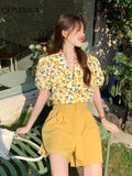 Summer Small Cute Sweet Floral Women's Shorts Sets Fashion Loose Bubble Short Puff Sleeve Shirt+wide Leg Shorts 2-piece