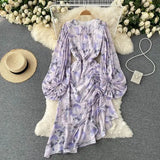 Autumn Bohemian Women Floral Drawstring Irregular Dress Female Elegant O-Neck Puff Sleeve Ruffle Vestidos Elegant Draped