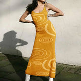 Summer Dress Print Knit Bodycon Women Green Y2K Summer Hollow Out Sexy Sleeveless Spaghetti Strap Beach Midi Dresses