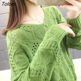 Women Spring V-neck Hollow Out Solid 4XL Pullovers Knitting Loose Korean-style Long Sleeve Autumn Trendy New