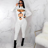 Women Bodycon Jumpsuit Solid Color Overalls Long Sleeves Rompers Bodysuits High Neck Hollow Out Buckle Biker Short