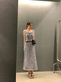Simple Temperament Suspenders Off The Shoulder Tassel Lace Vest+High Waist Thin Skirt Two Piece Sets Womens