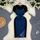Two Dresses Women's Korean Version Of The Fashion Round Neck Short Sleeves To Receive Waist Thin Denim Dress
