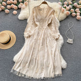 See Through Long Lantern Sleeve Embroideried Dress Women's V-Neck Sequins Flower Embroidery A-Line Princess Dress