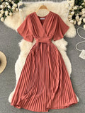 Women's Dress Temperament French Pleated Slim Long Vacation Style Chiffon Pleated Skirt Solid Color V-neck Women's