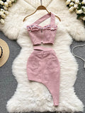 Pink Denim Sexy Women Sets Elegant Zipper Suspenders Tops Sashes Button Pocket Irregular Slash Neck Slim Two Piece