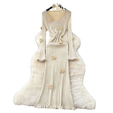 Temperament Three-Dimensional Flowers V-Neck Long-Sleeved Dress Women Slim Thin Inside Sweater Skirt Autumn And Winter