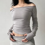 Girl Style Solid Color Collar Shoulder Rope Slim Long-Sleeved Functional T-Shirt 2024 Spring New Style-Outfit
