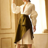 Skirt Two Piece Set Female V Neck Puff Sleeve Big Size Long Dress With High Waist Lace Up Ruched Irregular