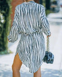 Turn-down Collar Full Sleeves Striped Print Belted Mini Loose Casual