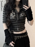 Goth Print Tops Stripe Cute Y2K T-Shirts Dark Academia Techwear Button Up V Neck Half Sleeve Sweat Shirts Grunge