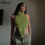 Streetwear Asymmetrical Black Crop Top Women Backless Sleeveless Tops Women 2022 Turtleneck Fashion Knitted Tank Top