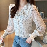Blouses Autumn Tops Office Ladies Chiffon Blouse Long Sleeve Bow Elegant Blusas Mujer De Moda 2021 Red Tops 6179