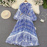 Quality Light Extravagant Lantern Long Sleeved Round Collar Waist Slim Single Breasted Printed Dress Elegant Long Skirt-Outfit