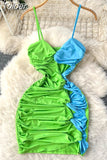 Summer Women Bodycon Dress Color Match Spaghetti Strap V Neck Sleeveless Cut Out Twist Ruched Tight Fit Night Out