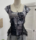 Industrial Lace Splicing Elastic Print With Bow Short-Sleeved T-Shirt