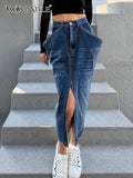 Blue Denim Skirt For Women High Waist Straight Split Solid Streetwear Midi Skirts Female Fashion Clothing New