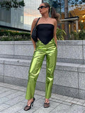 Fall Casual Baggy Pu Leather Faxu Pants Women 2022 High Waist Green Fashion Straight Pants Pockets Pink Trousers
