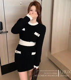 Knit Suit Women New Autumn Contrast Color O Neck Long-sleeved Short Pullover Sweater And Bodycon Mini Skirt 2 Piece