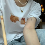 Summer Woman Tshirts Cat Print Fashion Shirts for Women O-neck Short Sleeve White Tees Y2k T-shirt Oversized Tops Femme-Outfit