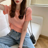 Women Summer Lovely Korean Preppy Style Basic Edible Tree Fungus Sweet Girl Solid Tops Thin Knitted Short Sleeve
