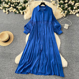 Retro Casual Dress Women's 2025 Spring Folding Lantern Sleeve Casual Loose Single-Dripple Shirt Long