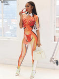Sisterlinda Aesthetic Print Casual Women Two Piece Set Half Sleeve Crop Top+High Waist Leggings Skinny Stretchy Clubwear
