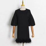 Casual Loose Dress For Women Round Neck Long Sleeve Patchwork Feathers Hem Mini Dresses Female Clothing Style