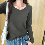 Color U-Collar Long-Sleeved T-Shirt Women's Early Autumn New Loose-Fitting Short Top Threaded Cotton Bottomed Shirt-Outfit