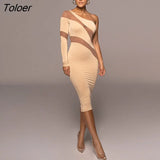 See Through Mesh Dress for Women 2023 Diagonal Collar One Sleeve Sexy Transparent Bodycon Midi Dress Black Beige