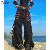 Gothic Chain Bandage Wide Leg Pants Women Oversize Low Rise Dark Academic Trousers Streetwear 90s Baggy Pant Punk