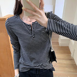 Is A Unique Korean Style Lazy Style Thin Long-Sleeved Striped T-Shirt, A New Slim Blouse For Women In Early Autumn.-Outfit