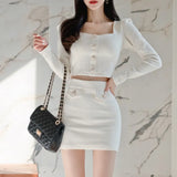 Spring Fashion 2 Pieces Set Elegant Square Collar White Short Top + Bodycon Pencil Mini Skirt Korean Office OL Suit