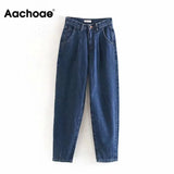 Women Streetwear Pleated Mom Jeans High Waist Loose Slouchy Jeans Pockets Boyfriend Pants Casual Ladies Denim