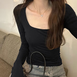 Collar Spice Girl Shoulder Long-Sleeved T-Shirt A New Autumn Style Slim And Thin Bottomed Shirt With A Pure Desire Blouse-Outfit