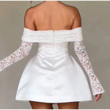 Lace Off-shoulder Patchwork Solid Mini Dress-Outfit