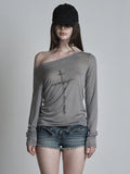 Cross Print Slant Shoulder Repair T-Shirt Woman 2025 Old Old Feeling New