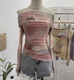Real Shooting Design Dizzling A Word On The Shoulder Of The Women's Net Exposed Shoulder Long Sleeves Irregularly Folded Short T-Shirt