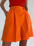 New Summer Women's High-waisted Cuffed Solid Color Wide-leg Pants Fashion Overalls Women's Shorts Casual Five-point