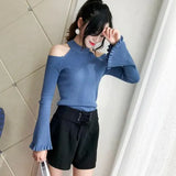 New Arrival Sueter Mujer Women Flare Long Sleeve Half Turtleneck Slim Jumper Knitted Off Shoulder Female Sweaters