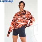 Style Knit Women Pullover Sweater Spring Autumn New Design Blue White Printed Soft Loose Tops Lady Long Sleeve