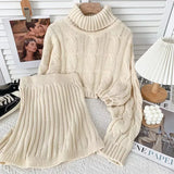 Autumn and Winter New Women's Two-piece Suit Korean Style Knitted Turtleneck Knitted Sweater Wrap Hip Skirt Two-piece