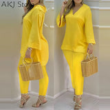 Summer Casaul Women Home Wear Solid Suit Sets Long Sleeve Plain Bell Sleeve V-Neck Top & Pants