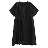 Women Khaki Irregular Pleated Long Dress New Round Neck Short Sleeve Loose Fit Fashion Tide Spring Summer 2023