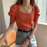 T Shirts Women Summer 2022 Solid Square Collar Short Puff Sleeve Female Tops Loose Casual Cotton Ladies